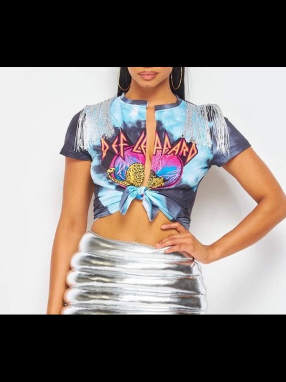 Tie-Front Fringe Crop Top in Blue